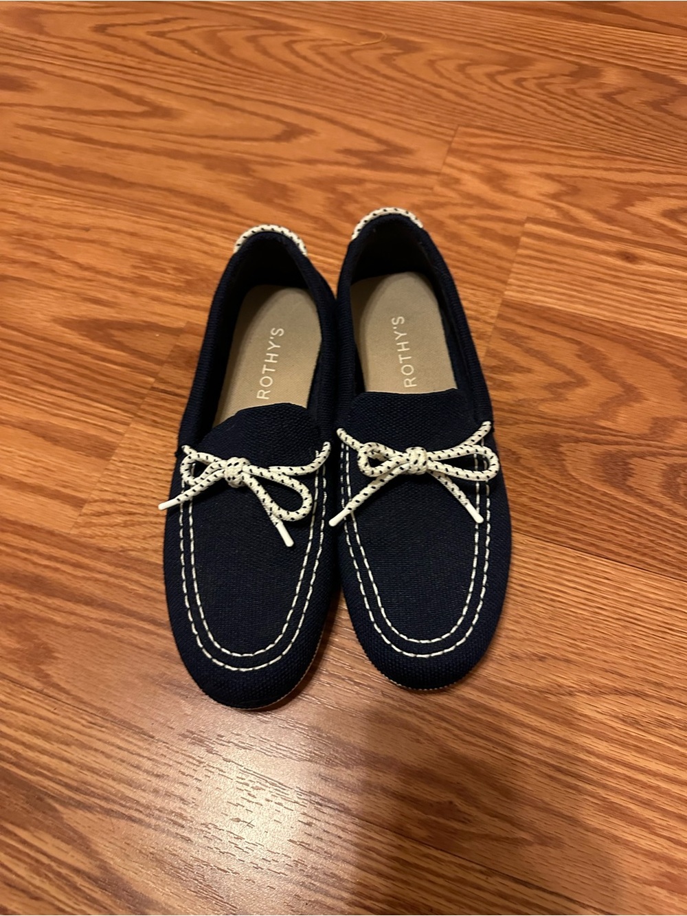 Rothy's Navy Canvas Boat Loafers with White Laces - Picture 2 of 5
